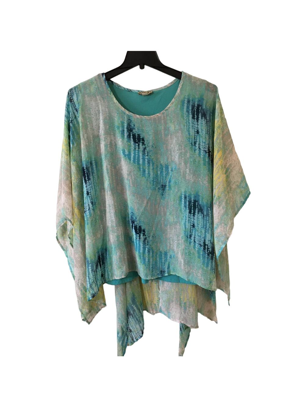 One World 2X Turquoise Blue with Flowing Chiffon Asymmetrical Open Back Top Lay